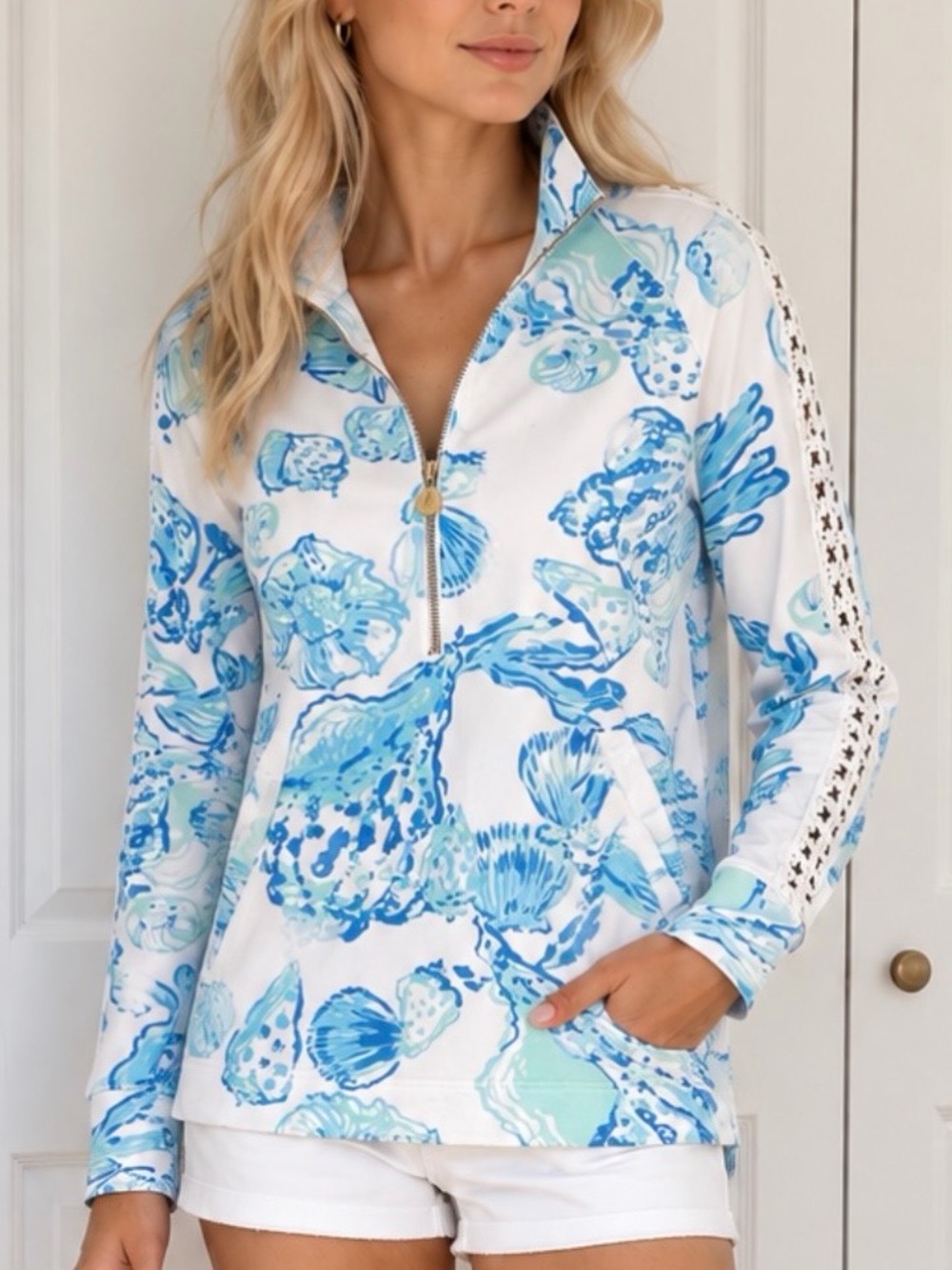 Lilly Pulitzer Blue & White Shell-Print Half-Zip Swim Coverup